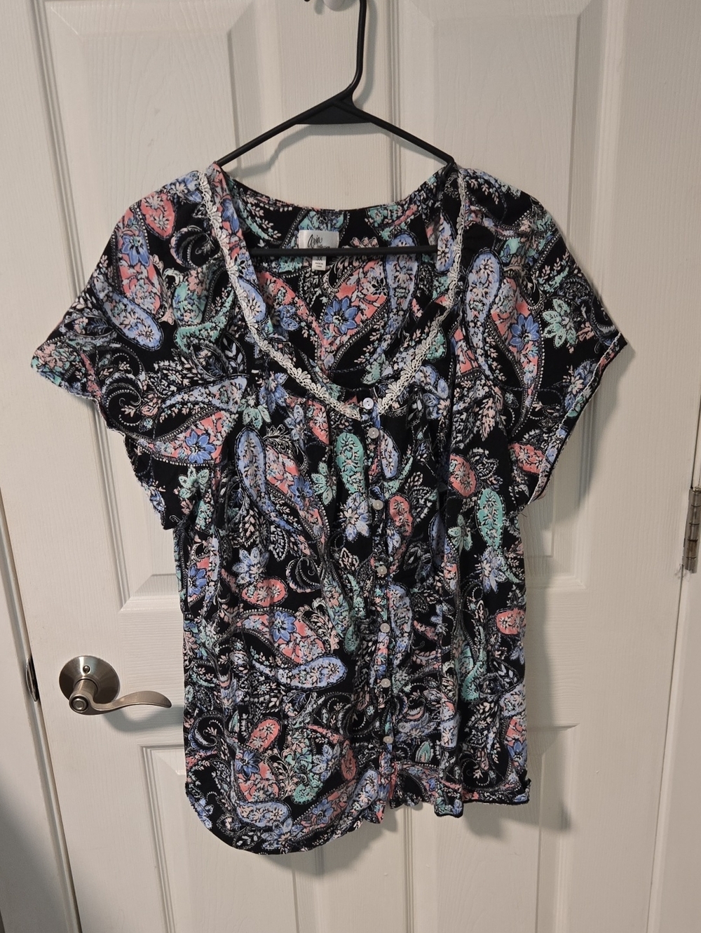 Aria Black Paisley Button-Front Short Sleeve Blouse with Pastel Accents